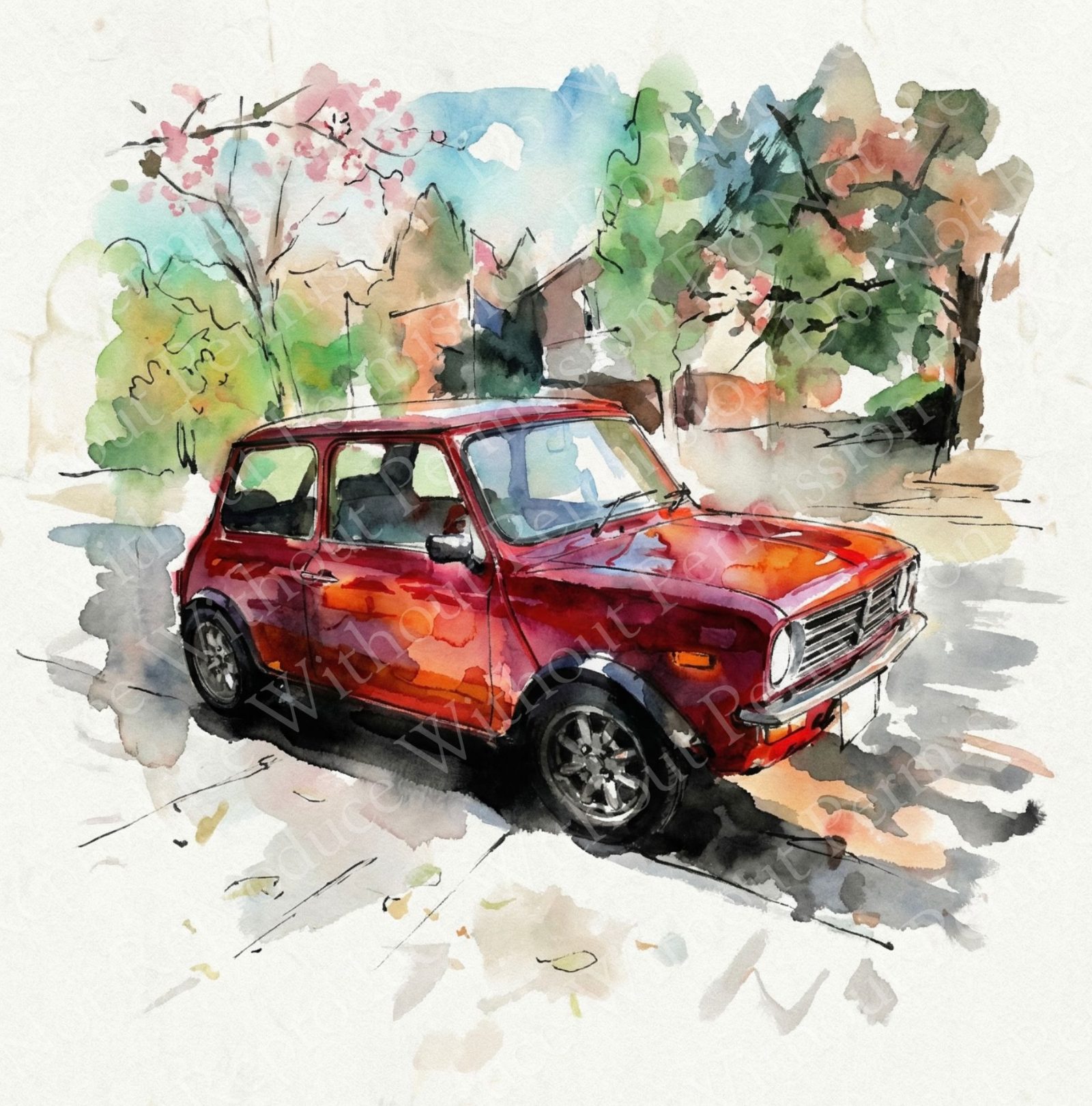 Red Mini under spring blossoms
