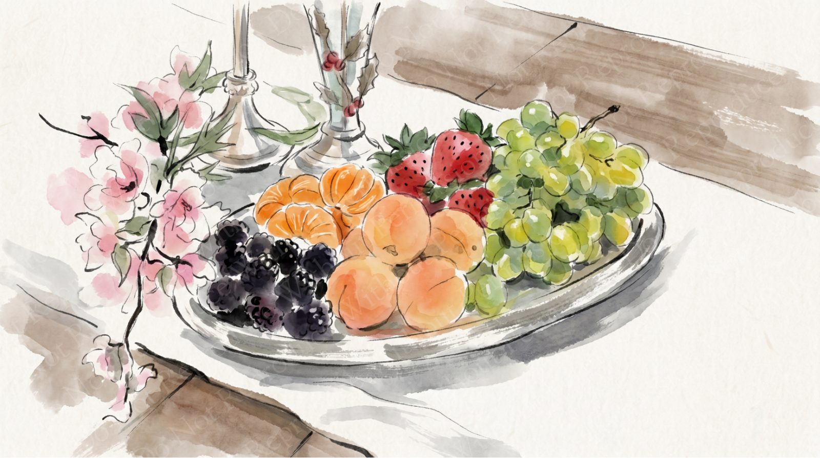 Fruit tray still life with blossoms