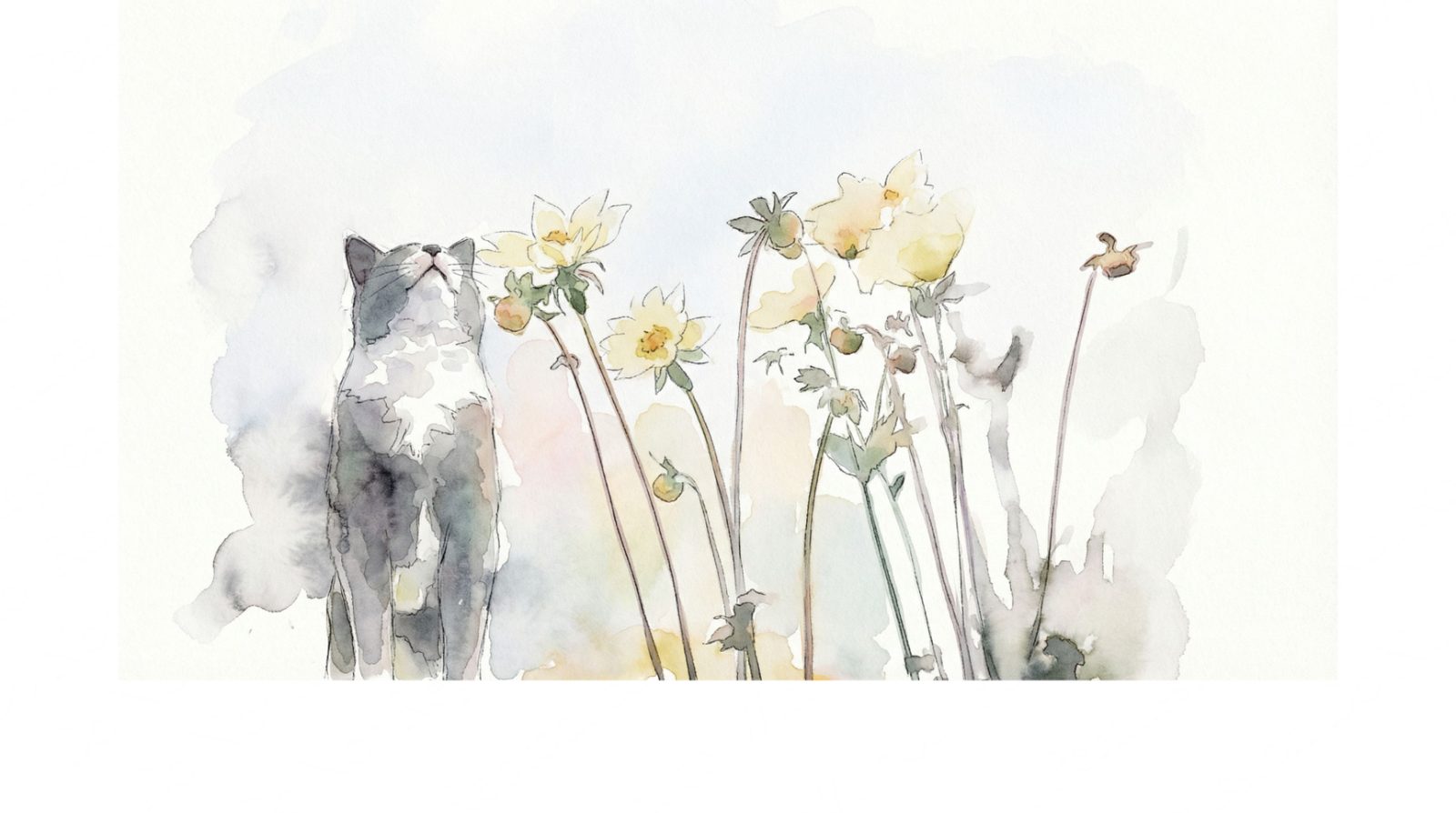 Cat sniffing yellow flowers