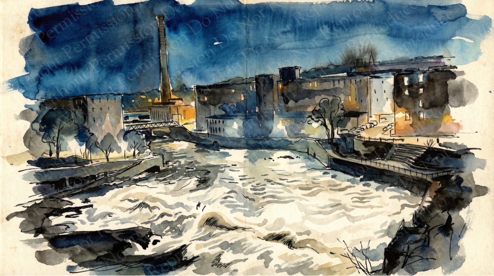 Mill and river rapids at night