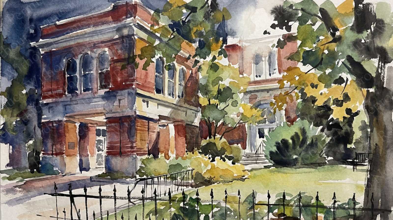 Brick building behind an iron fence
